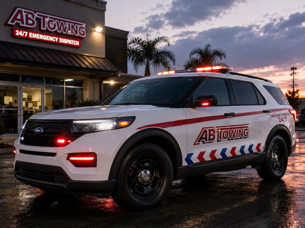 A&B Towing emergency dispatch vehicle with lights active at dusk