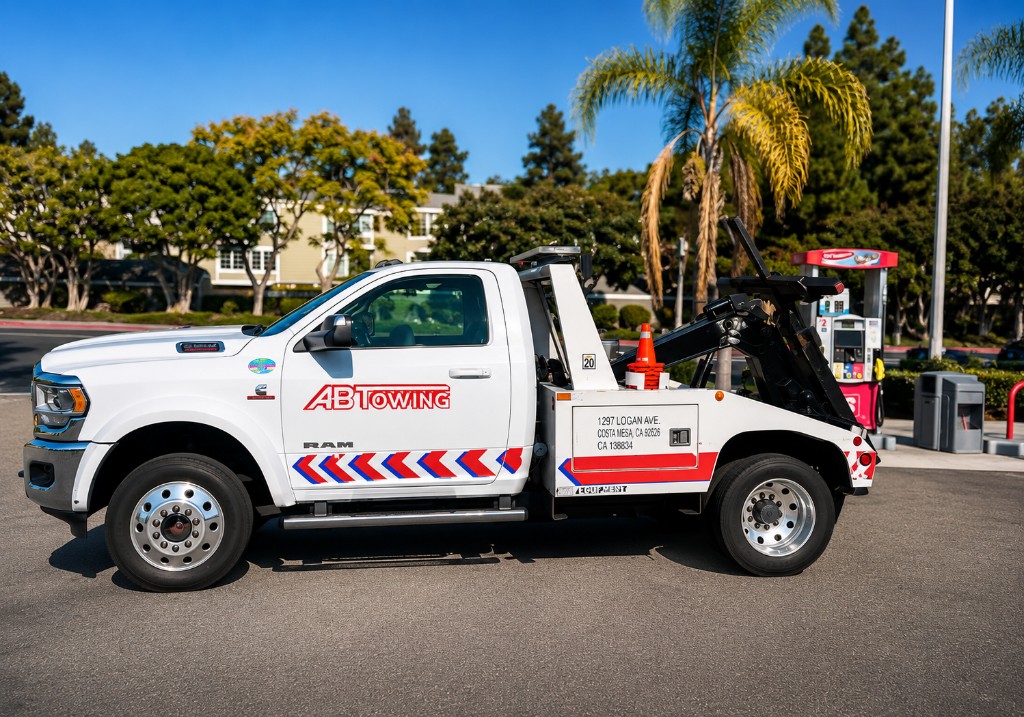 A&B Towing white wheel-lift tow truck on local streets